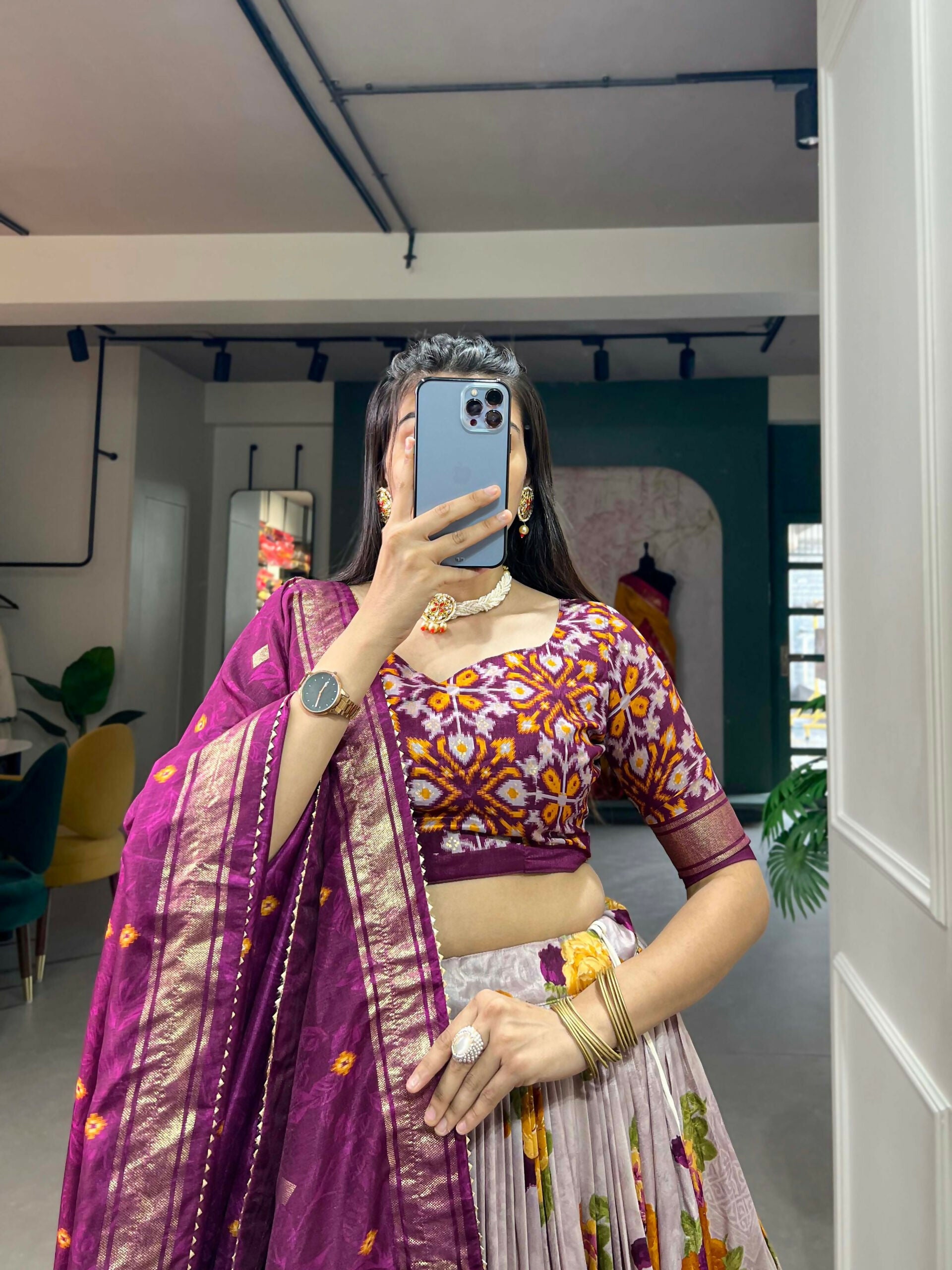 Vastranavya Floral And Patola Print With Foil Work Lehenga with Unstitched Blouse - Wine - Distacart