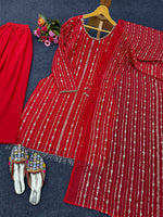 Thumbnail for Preksha Creation Designer Suit on Heavy Faux Georgette Fabric With Thread & Sequence With Pearl Work with Palazzo and Dupatta - Red - Distacart