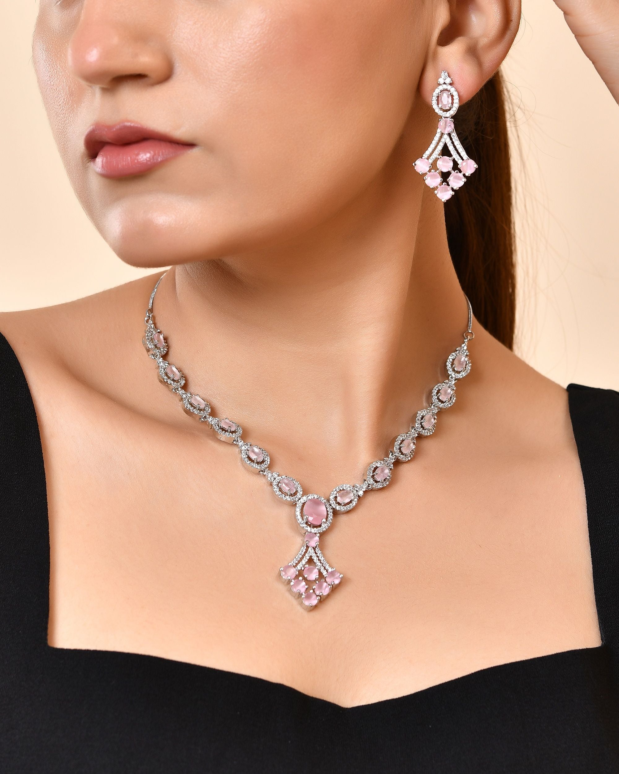 VOJ Silver Plated Baby Pink Ad Stone Studded Necklace Set - Dista