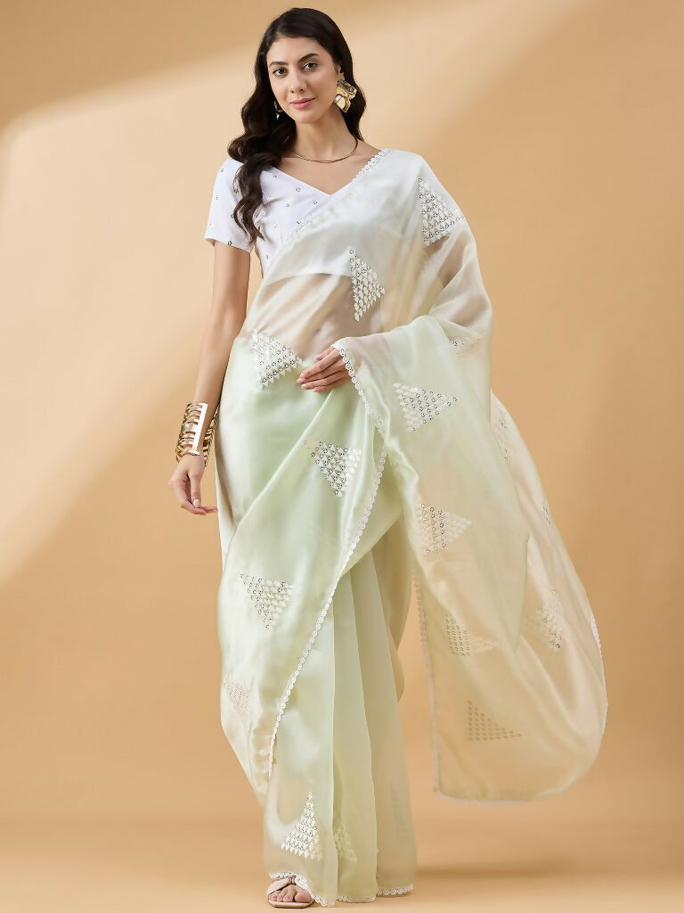 Green Tissue Slub Embroidered Saree with Unstitched Blouse - Vairagi - Distacart