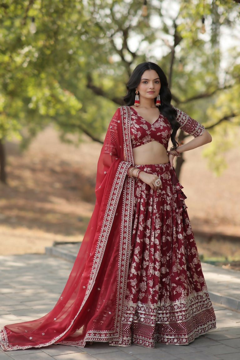 Vastranavya Designer Dyeable Pure Viscose Jacquard Fabric Lehenga Choli & Dupatta Set - Maroon - Distacart