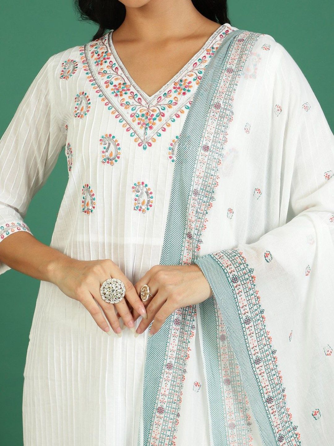 Sangria Printed Pure Cotton V- Neck Kurta & Trousers With Dupatta - Distacart