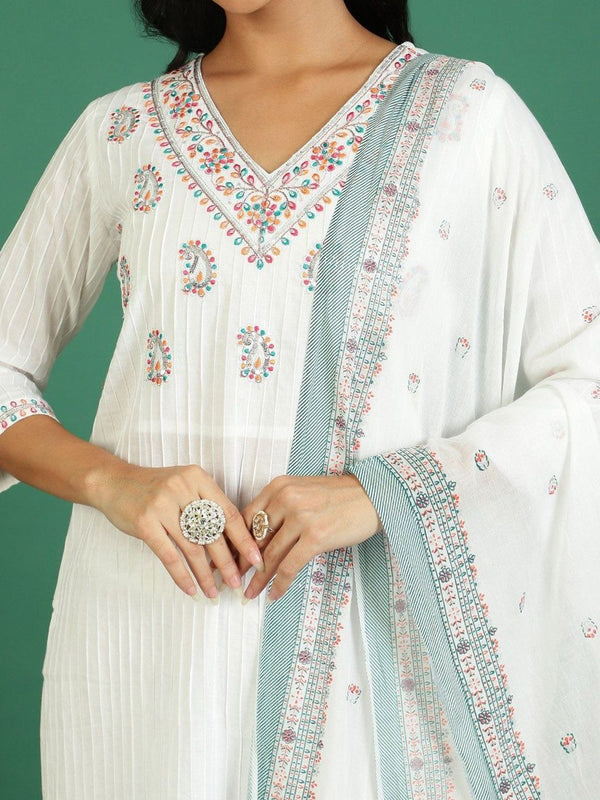 Sangria Printed Pure Cotton V- Neck Kurta & Trousers With Dupatta