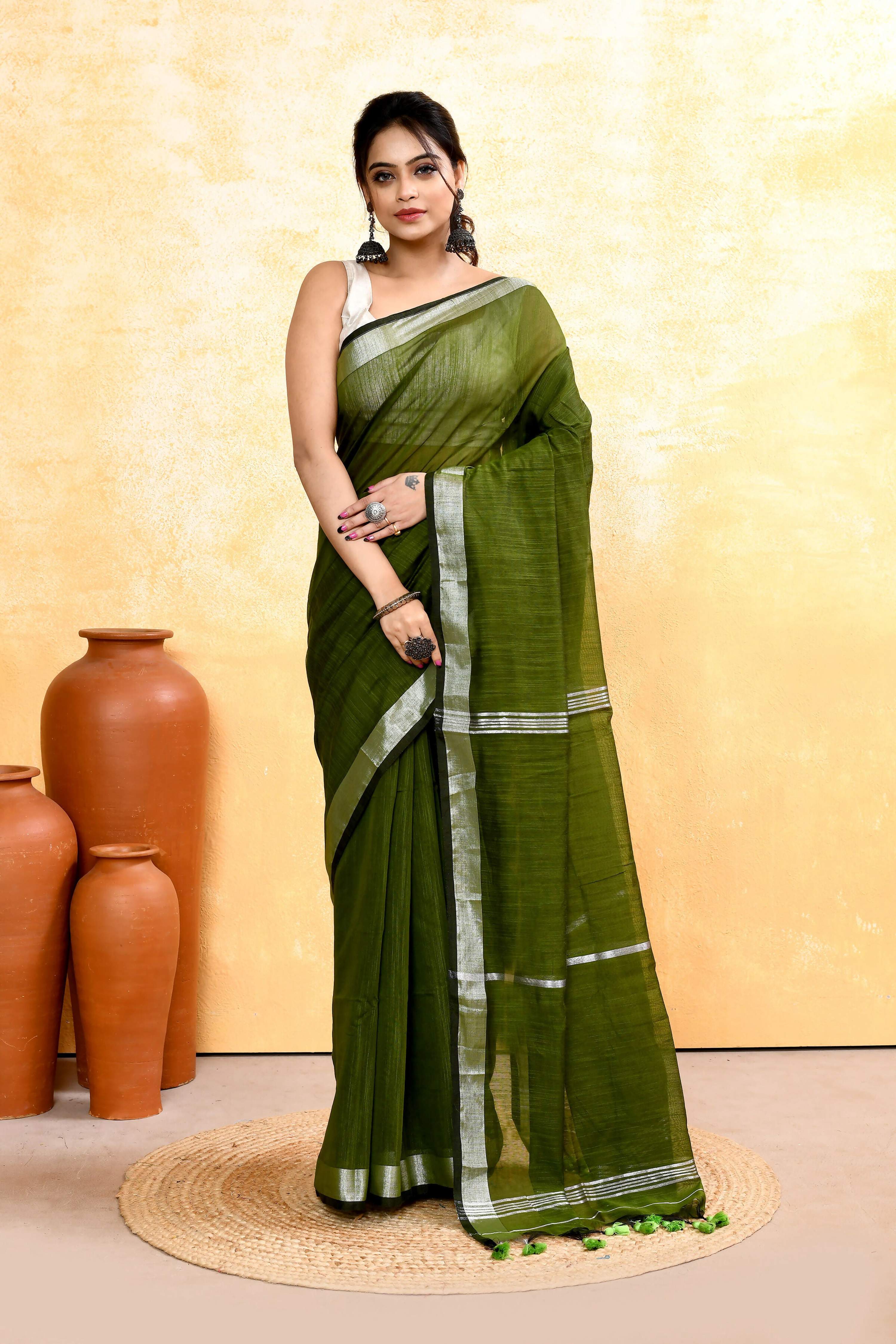 Piyari Fashion Women's Moss Green Embellished Cotton Blend Zari Border Handloom Saree - Distacart