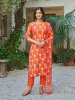 Thumbnail for The52 Orange Women's Beautiful Cotton Blend Fabric Printed Work Straight Kurta, Pant and Dupatta Set - Distacart