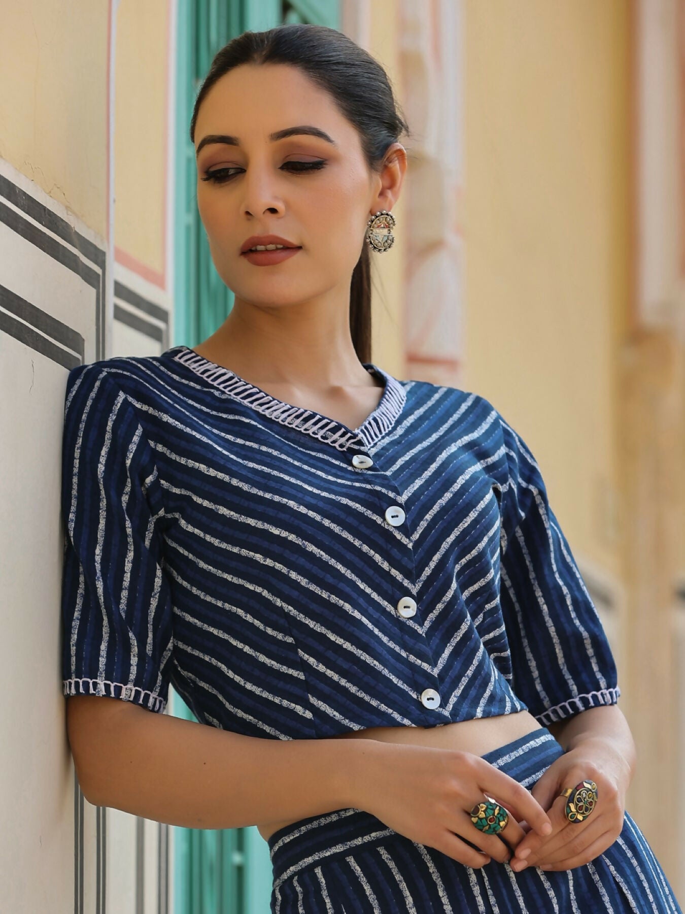 Juniper Navy blue Striped Printed cotton flex Crop Top & Pants Set With Thread Work - Distacart
