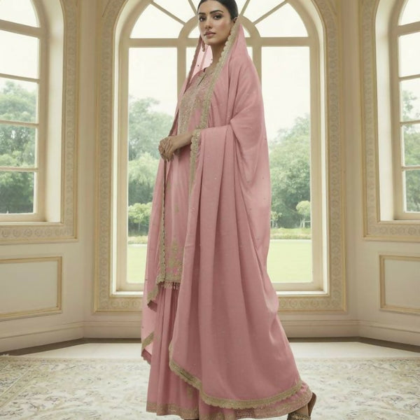 Teeya Creation Peach Color Chinnon Silk Embroidery Work Wedding Wear Salwar Suit - Distacart