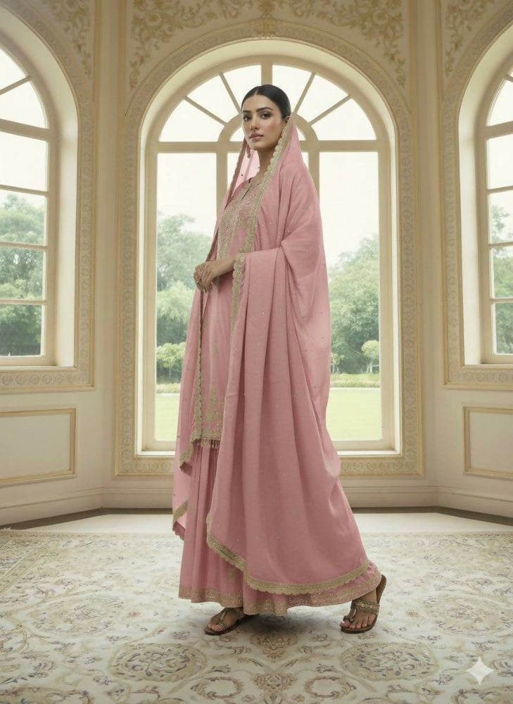 Teeya Creation Peach Color Chinnon Silk Embroidery Work Wedding Wear Salwar Suit - Distacart