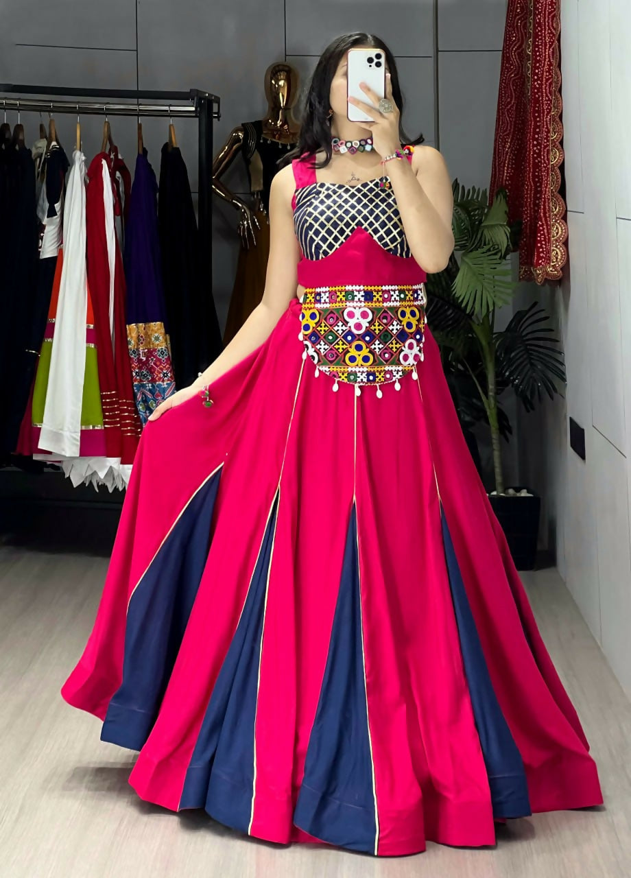 Yash Enterprise Gajari Navy Blue Rayon Cotton Embroidery Semi Stitched Navratri Top Chaniya Choli - Dista