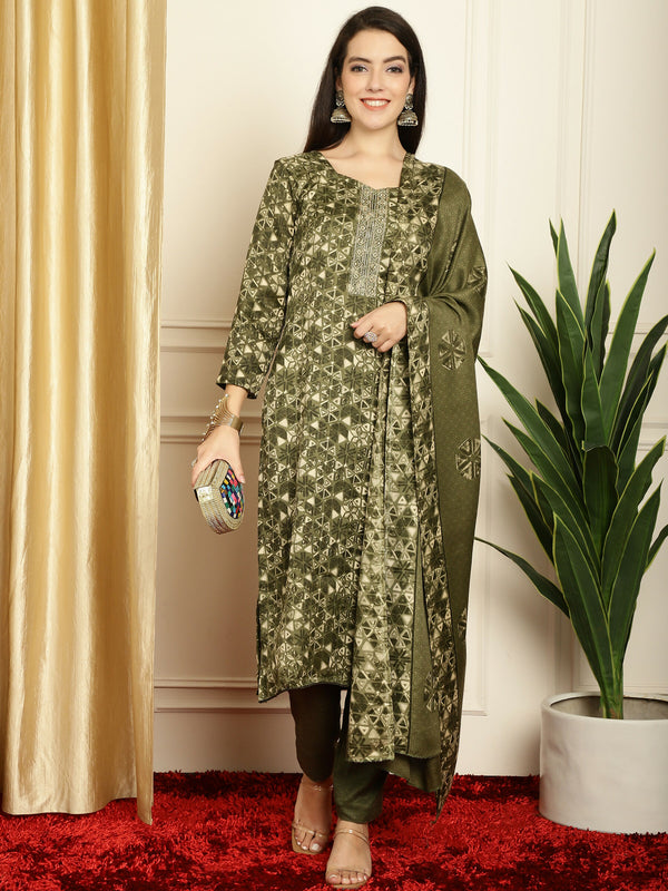 Jyoti Fashion Women's Green Pashmina Floral Digital Printed Kurta with Trouser & Dupatta - Distacart
