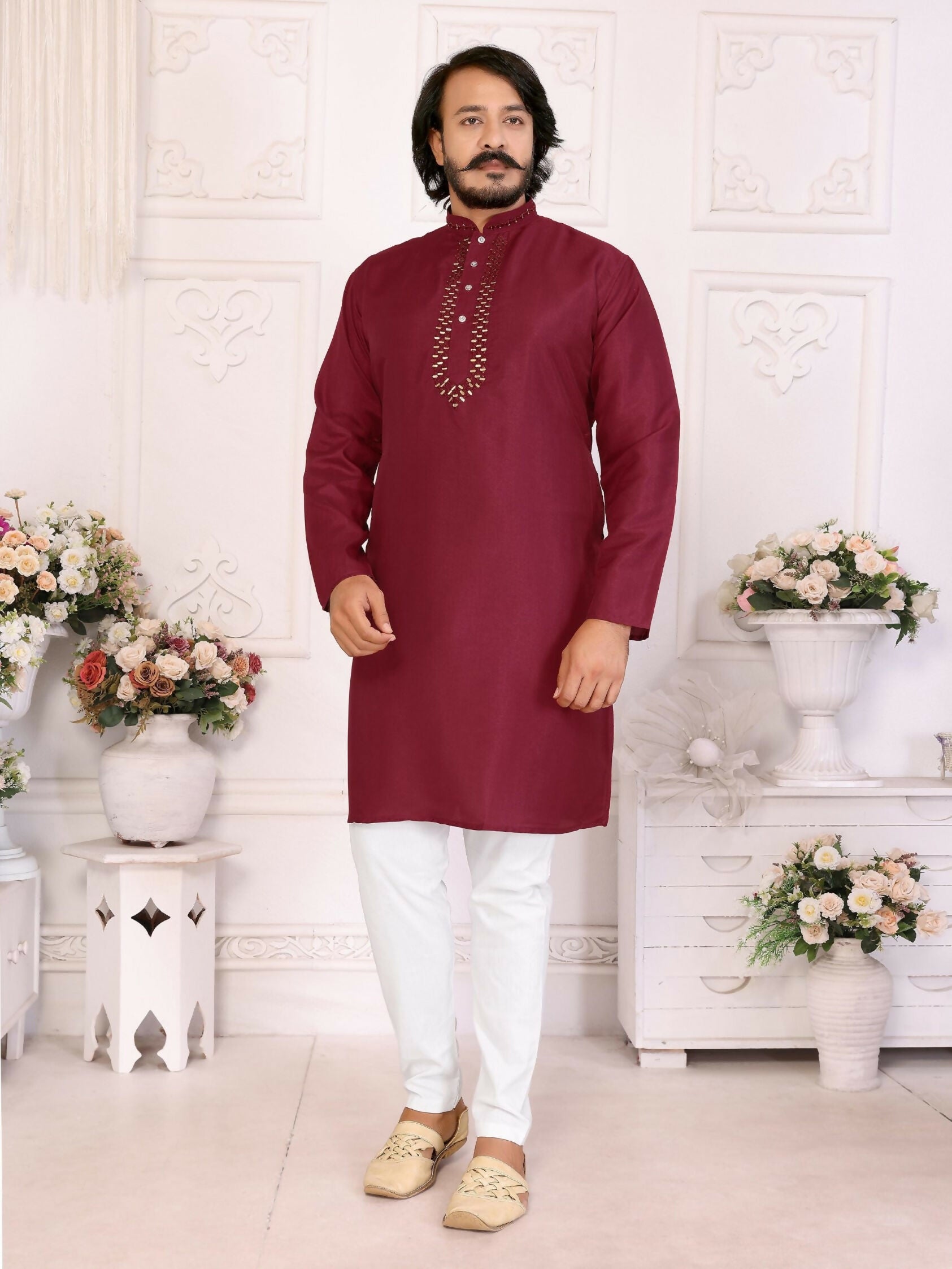 Anaita Maroon Silk Straight Kurta With Neck Mirror Work - Distacart