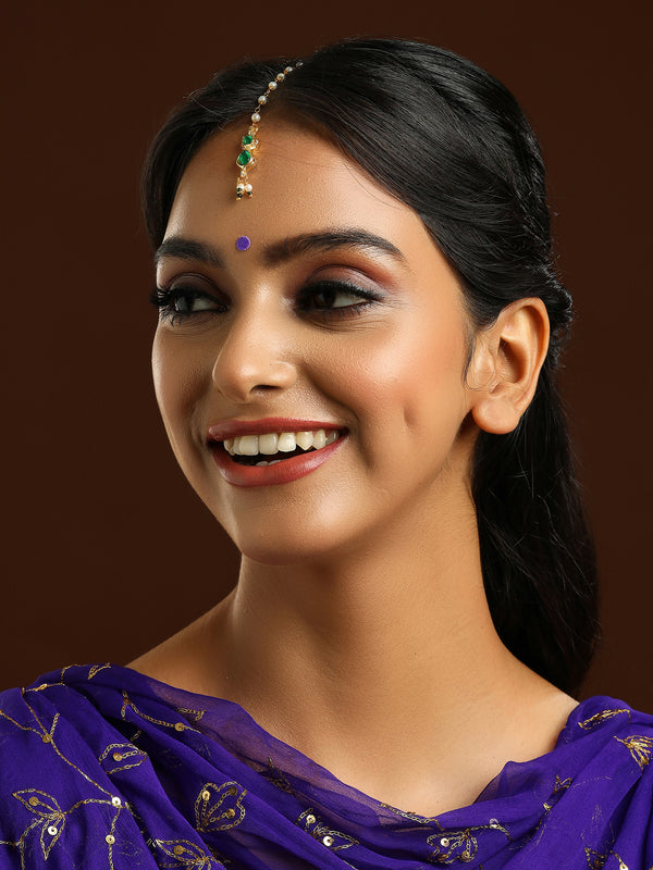 Ruby Raang Green Meenakari Kundan Maang Tikka
