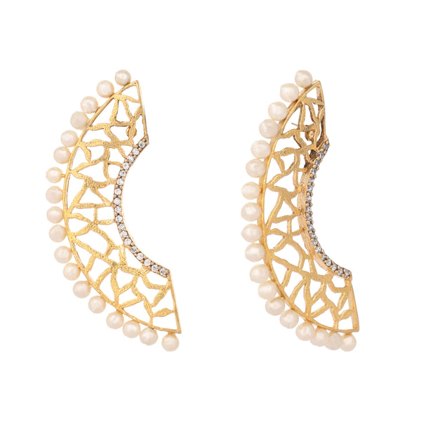 Nuyug 22K Gold-Plated Zircon Studded & Pearl Beaded Contemporary Shaped Statement Stud Earrings