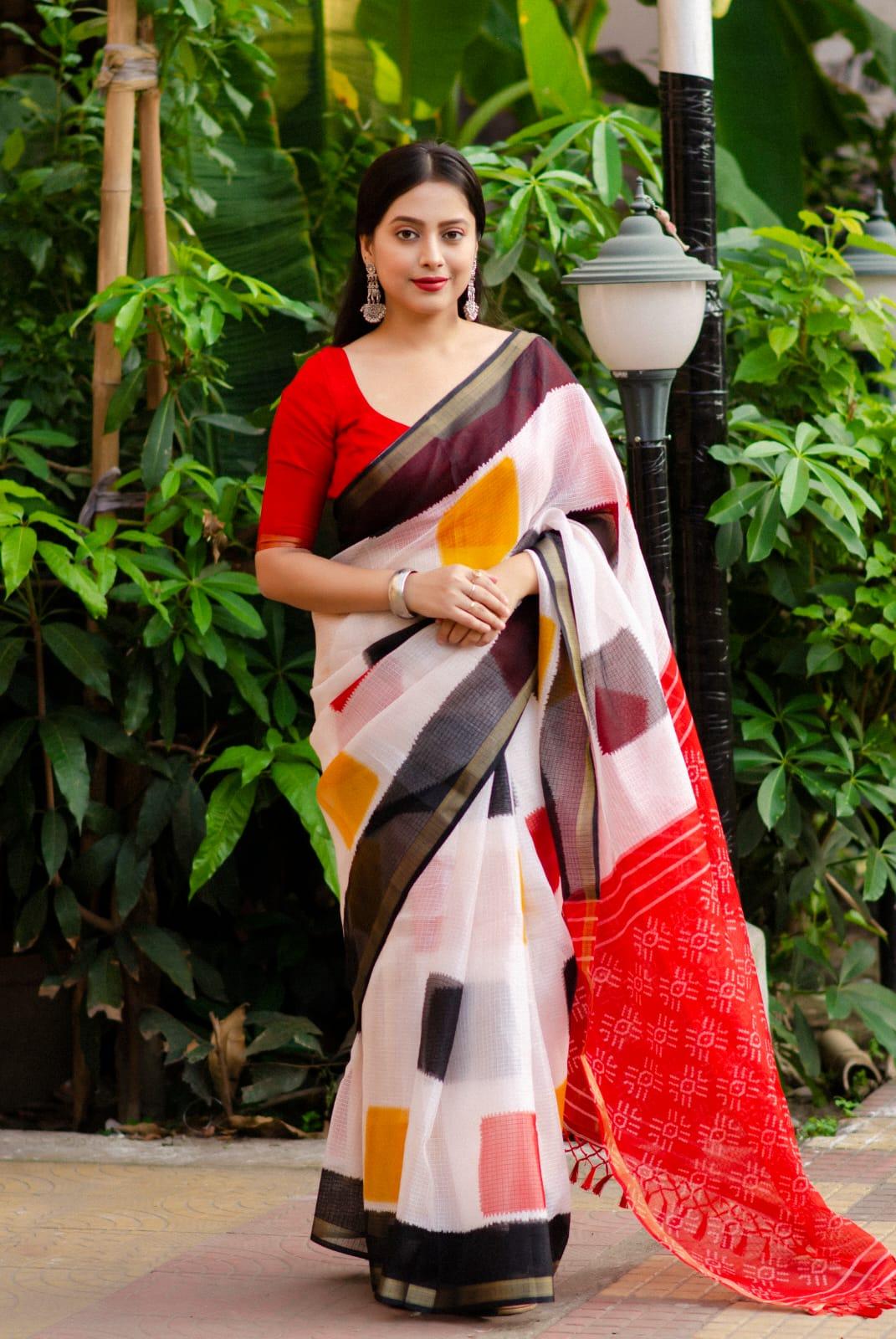 White Polycotton Ethnic Motifs Saree with Unstitched Blouse - A2M - Distacart