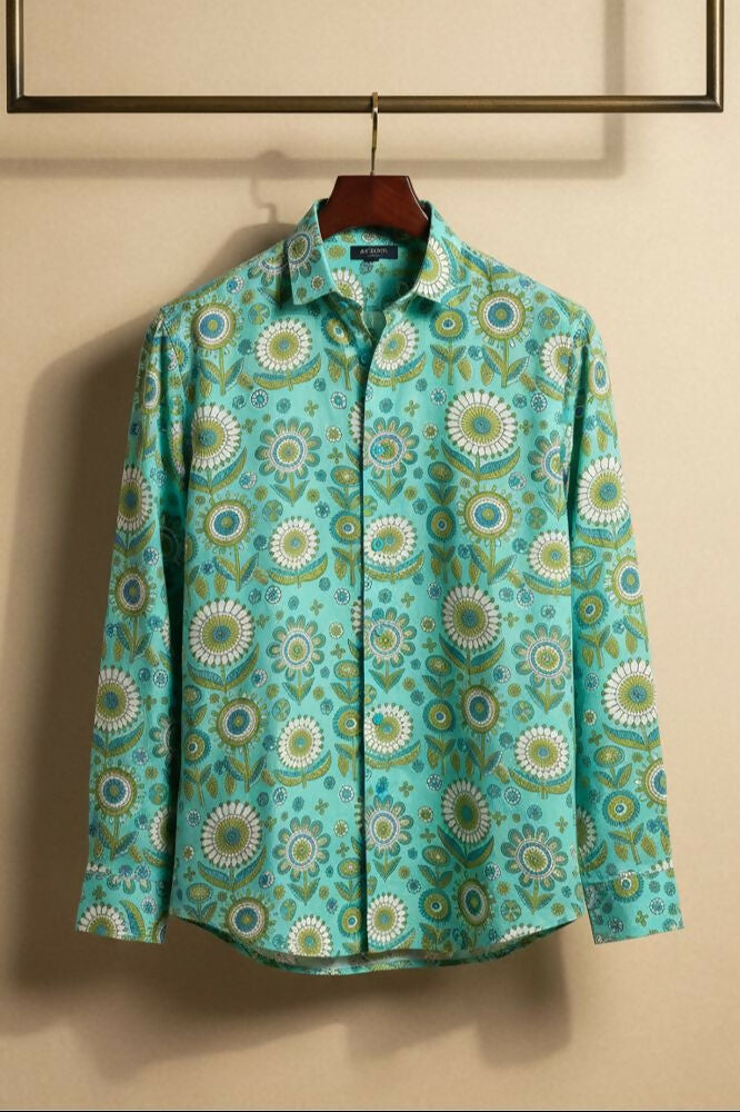 Turiya — Teal Ajrakh Cotton Shirt by Hilo Design - Dista