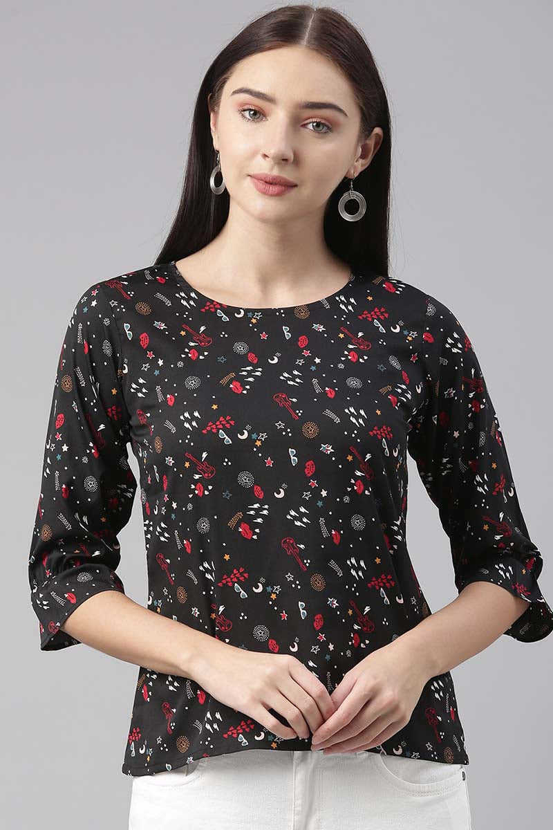 Vivaanta Fashion Black Poly Crepe Conversational Printed Regular Top - Dista