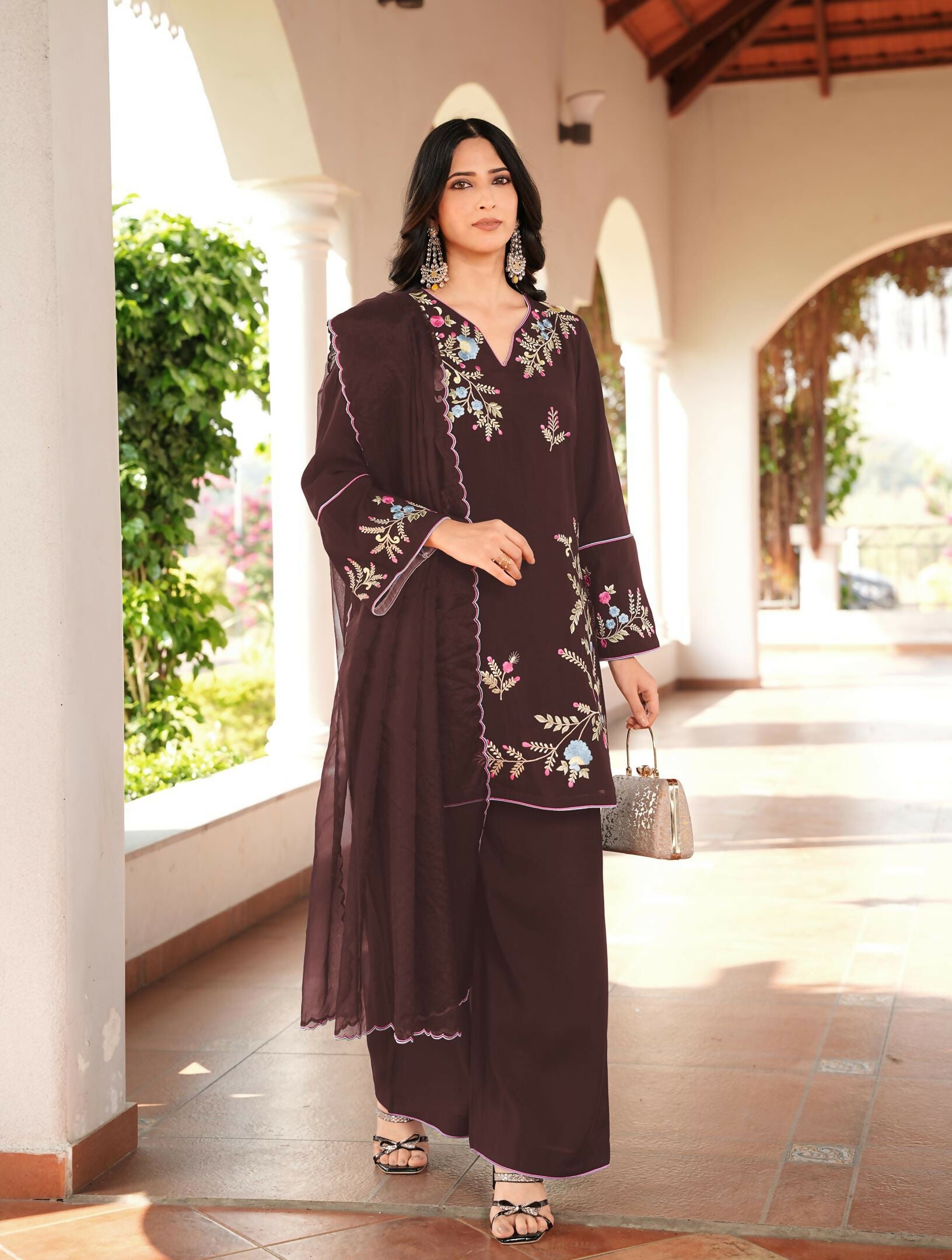 Nikhaar Brown Embroidered Art Silk Stitched Straight Cut Kurta Culottes Dupatta Readymade Suit - Dista