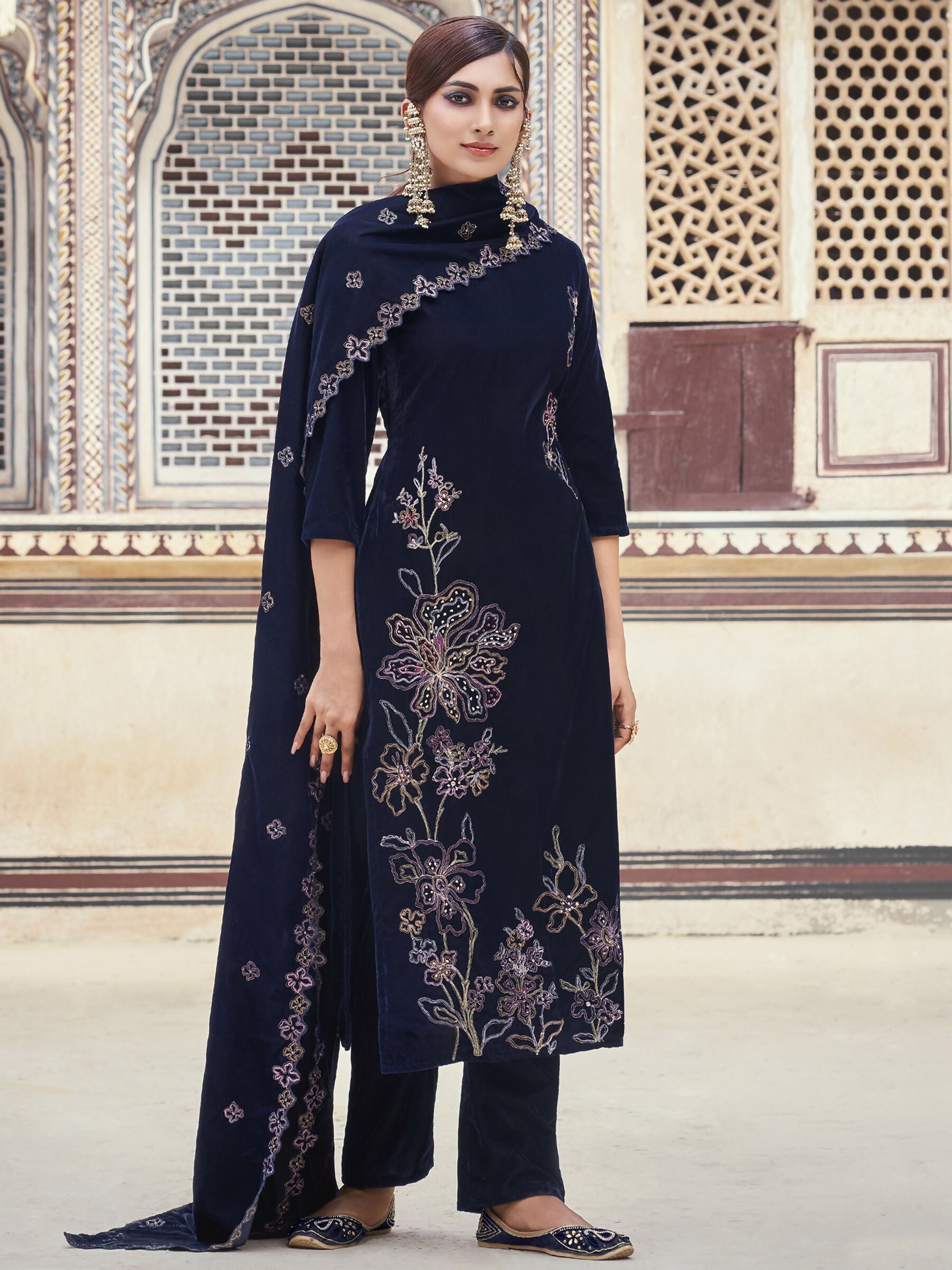 Jyoti Fashion Women's Navy Blue Velvet Resham Thread with Jari & Sequin Kurta with Trouser & Dupatta - Distacart