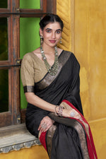 Thumbnail for Vastranavya Black Printed with Zari Weaving Work Poly Cotton Saree & Unstitched Blouse - Distacart