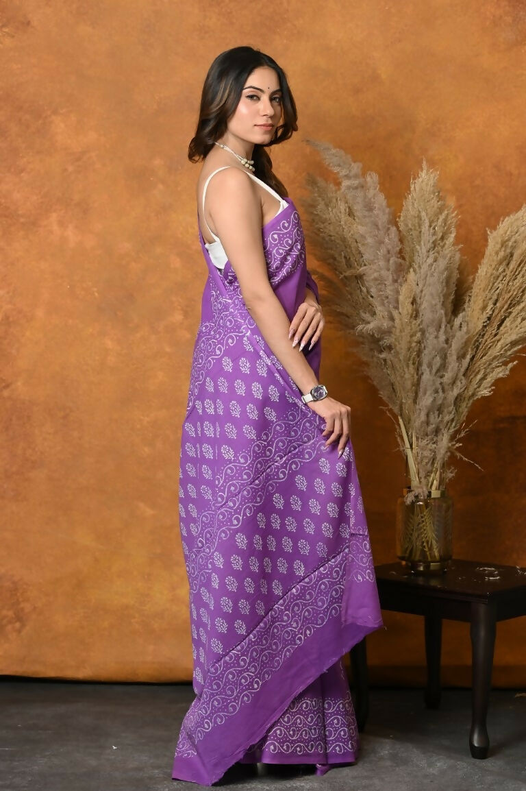 Very Much Indian Handblock Printed Cotton Saree With Natural Dyes - Purple - Distacart