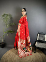 Thumbnail for Joban Fashion Red Peacock & Floral Motifs Soft Silk Kanchipuram Saree - Distacart