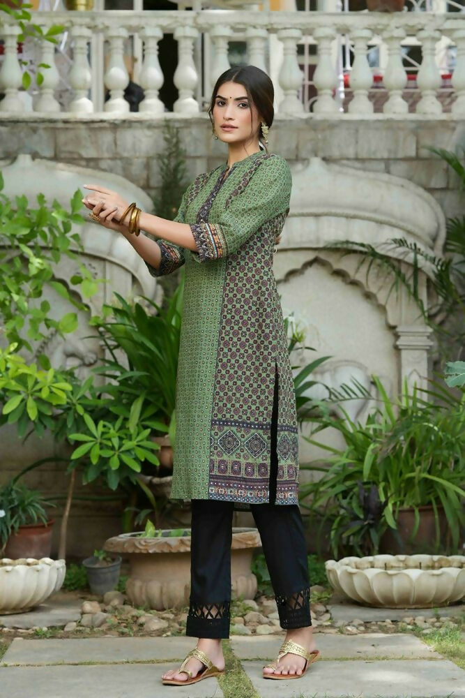 Juniper Green Ethnic Motif Printed Rayon calf length Kurta with Beads & Gota Work - Distacart