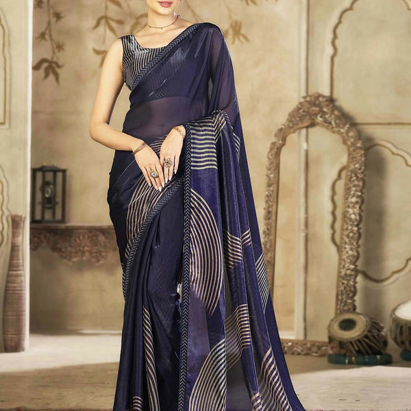 Joban Fashion Satin Organza Navy Blue Swarovski Saree - Distacart