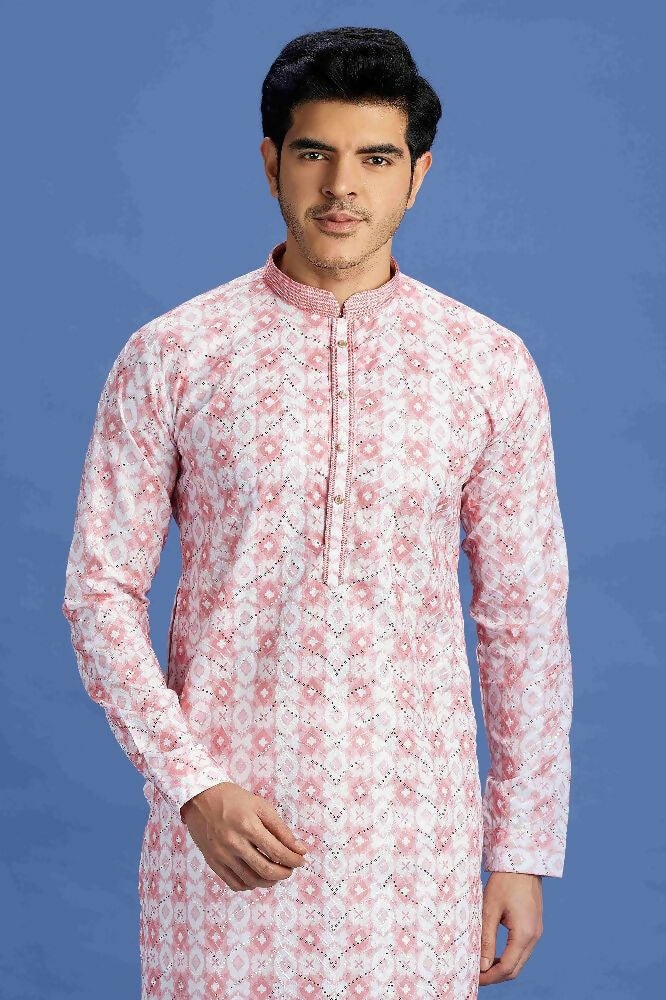 Raivat Ethnic Cotton Embroidery Kurta Pajama In Pink Colour - Dista