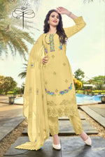 Thumbnail for Jyoti Fashion Women's Light Yellow Faux Georgette Heavy Embroidery and Moti Work Kurta Set - Distacart