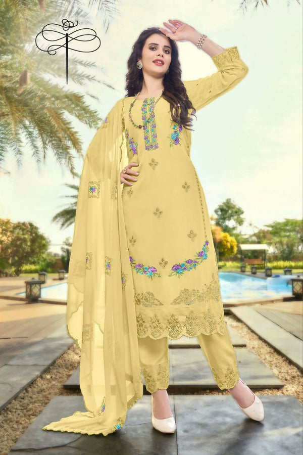 Jyoti Fashion Women's Light Yellow Faux Georgette Heavy Embroidery and Moti Work Kurta Set - Distacart