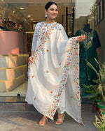 Thumbnail for The52 White Women's Gorgeous Embroidered Viscose Chiffon Fabric Pleated Kurta Pant with Dupatta Set - Distacart