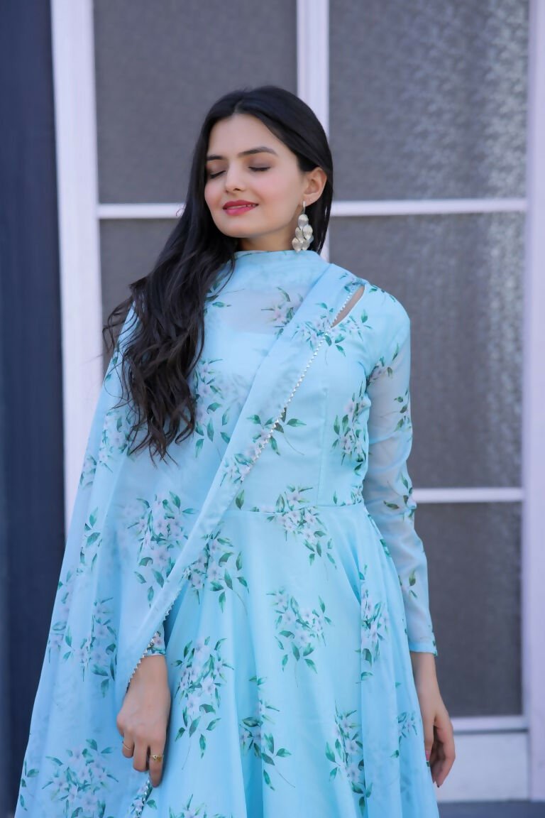 Aastha Fashion Women's Turquoise Tebby Silk Floral Printed Anarkali Dress with Dupatta - Distacart