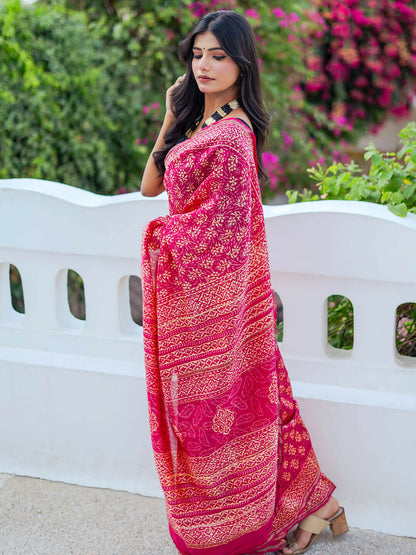 Zibaa Hand-Blocked Pure Chanderi Silk Pink Saree - Distacart