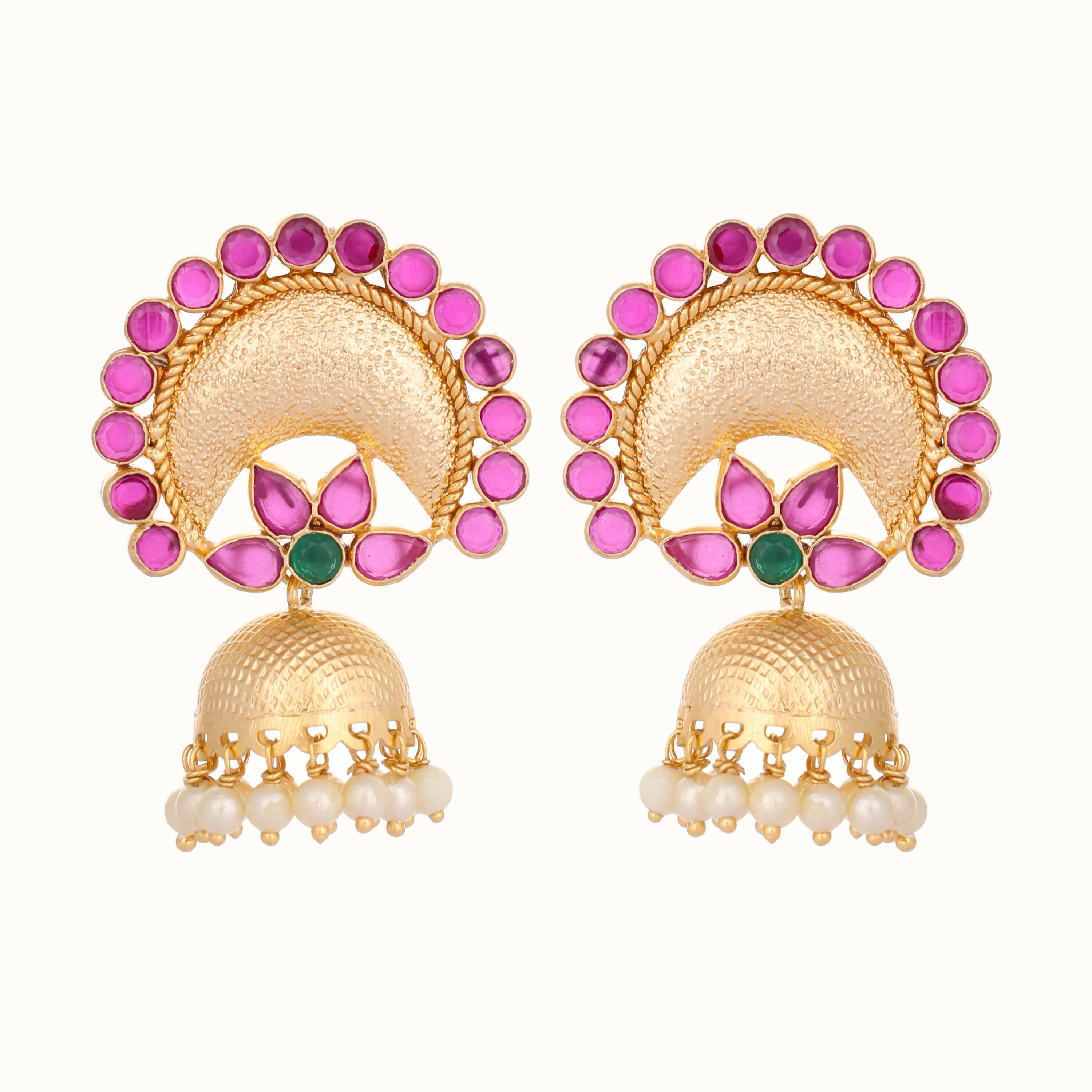 Nuyug 22K Gold Plated Ruby & Pearl Studded Dome Shaped Jhumkas