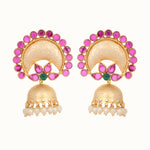 Thumbnail for Nuyug 22K Gold Plated Ruby & Pearl Studded Dome Shaped Jhumkas