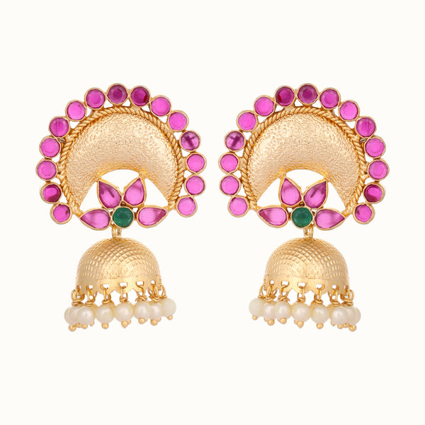 Nuyug 22K Gold Plated Ruby & Pearl Studded Dome Shaped Jhumkas