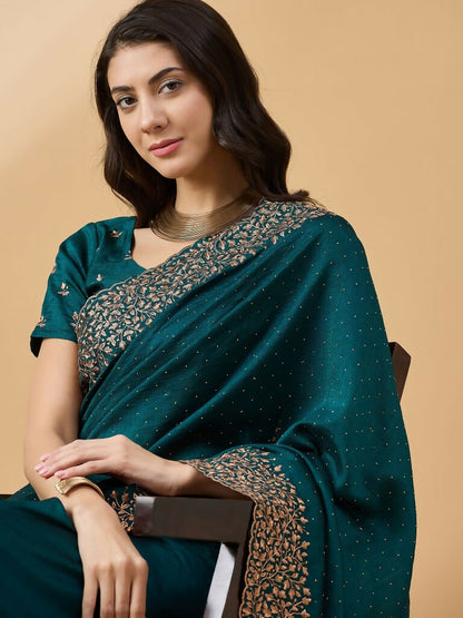 Teal Silk Blend Embroidered Saree with Unstitched Blouse - Vairagi - Distacart