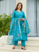 Thumbnail for The52 Blue Women's Gorgeous Viscose Fabric Embroidered Work Straight Kurta, Pant and Dupatta Set - Distacart