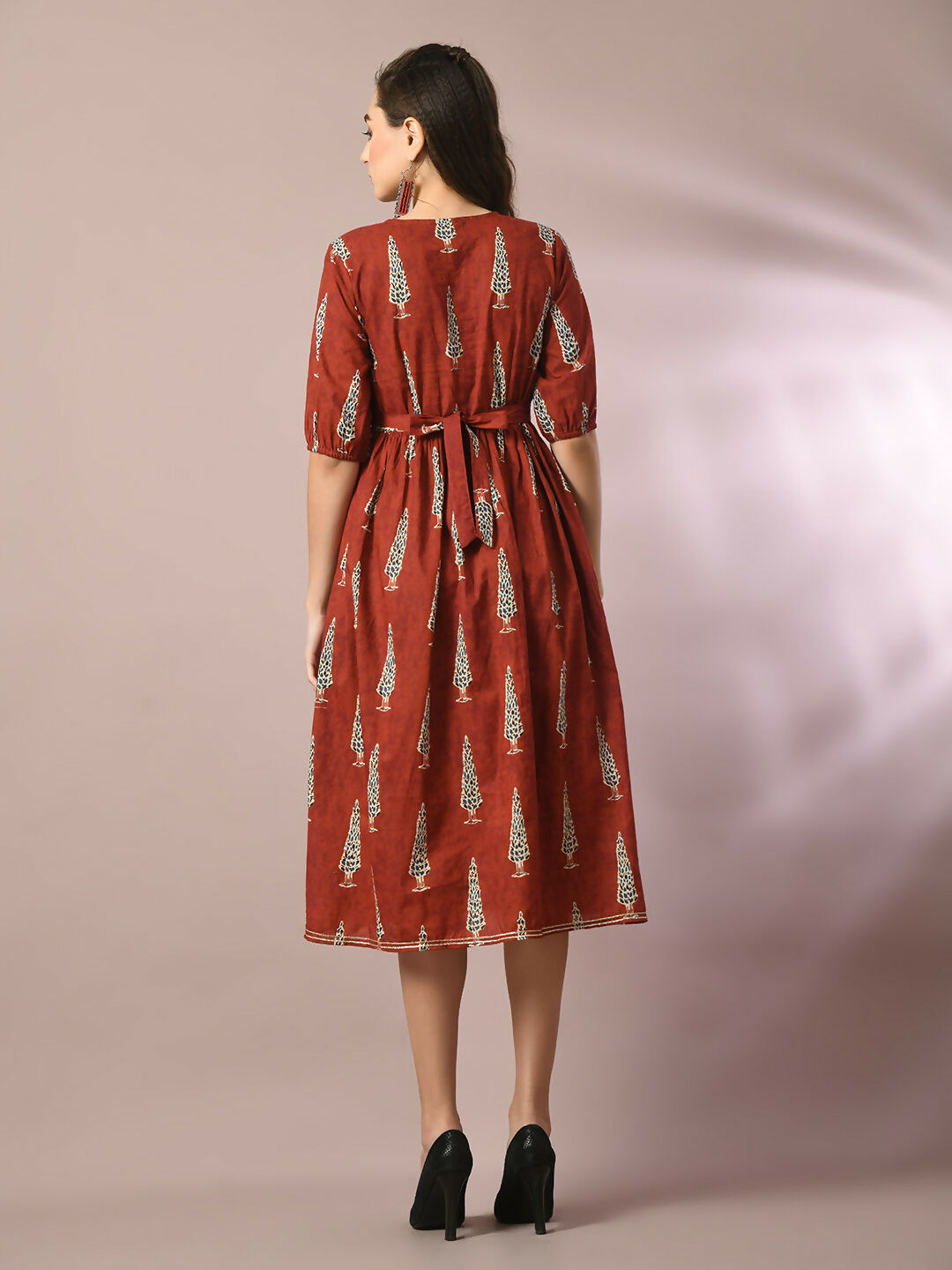 Myshka Women's Rust Printed Cotton V-Neck Empire Party Dress - Distacart