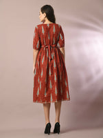 Thumbnail for Myshka Women's Rust Printed Cotton V-Neck Empire Party Dress - Distacart