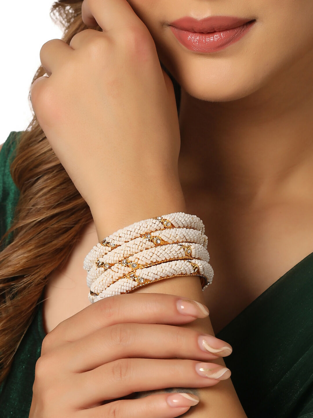 NVR Women Set of 4 Gold-Plated Traditional Pearls Beaded Bangles - Distacart