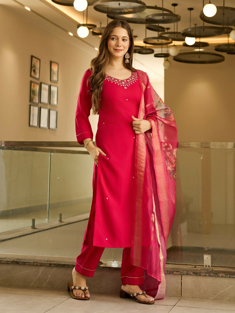 Divine Drape Women's Viscose Embroidered Straight Kurta Pant With Dupatta - Red