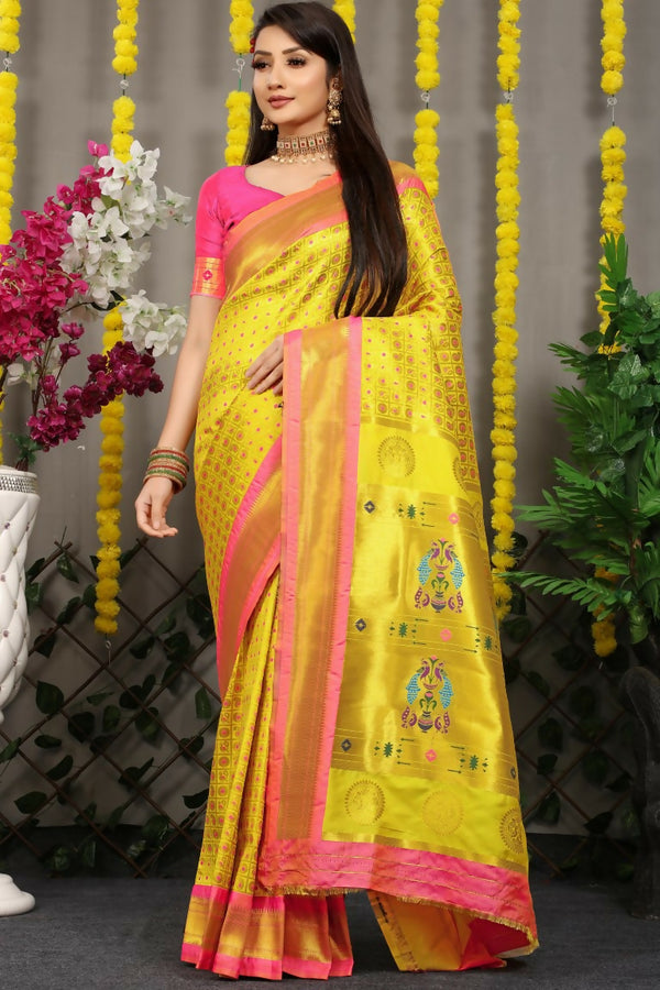Jyoti Fashion Women's Yellow Banarasi Silk Zari Woven Saree with Blouse - Distacart