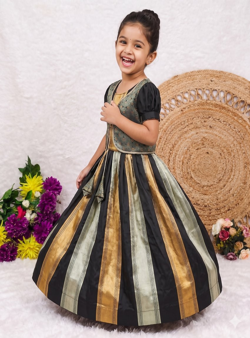 Teeya Creation New Kids Trendy Jet Black Traditional Langa Voni Lehenga Set With Zari Koti Jacket-Black - Dista