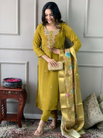 Thumbnail for The52 Mustard Gorgeous Embroidered Viscose Chanderi Fabric Straight Kurta Pant with Dupatta Set - Distacart
