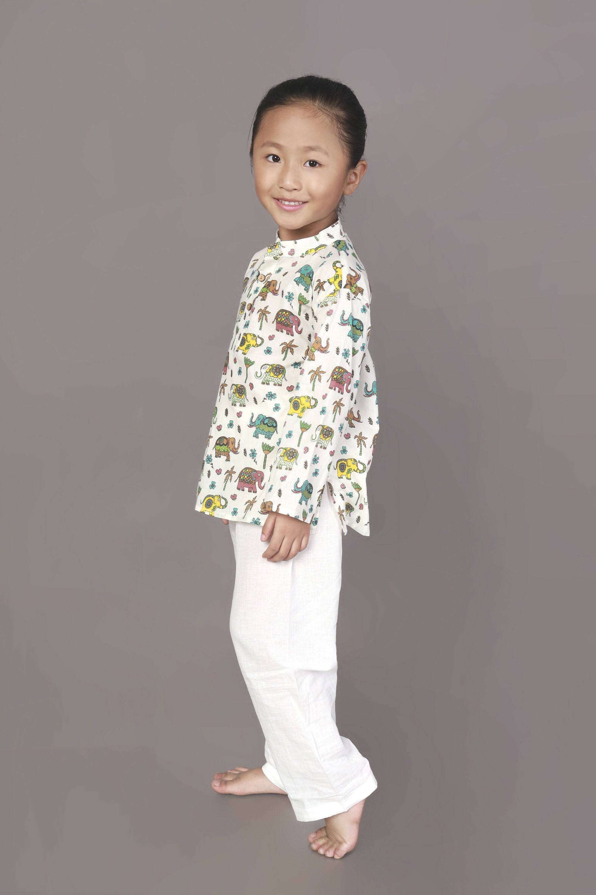 Breathables Kids Cotton Elephant Print Kurta Pyjama Night Suit - White - Dista