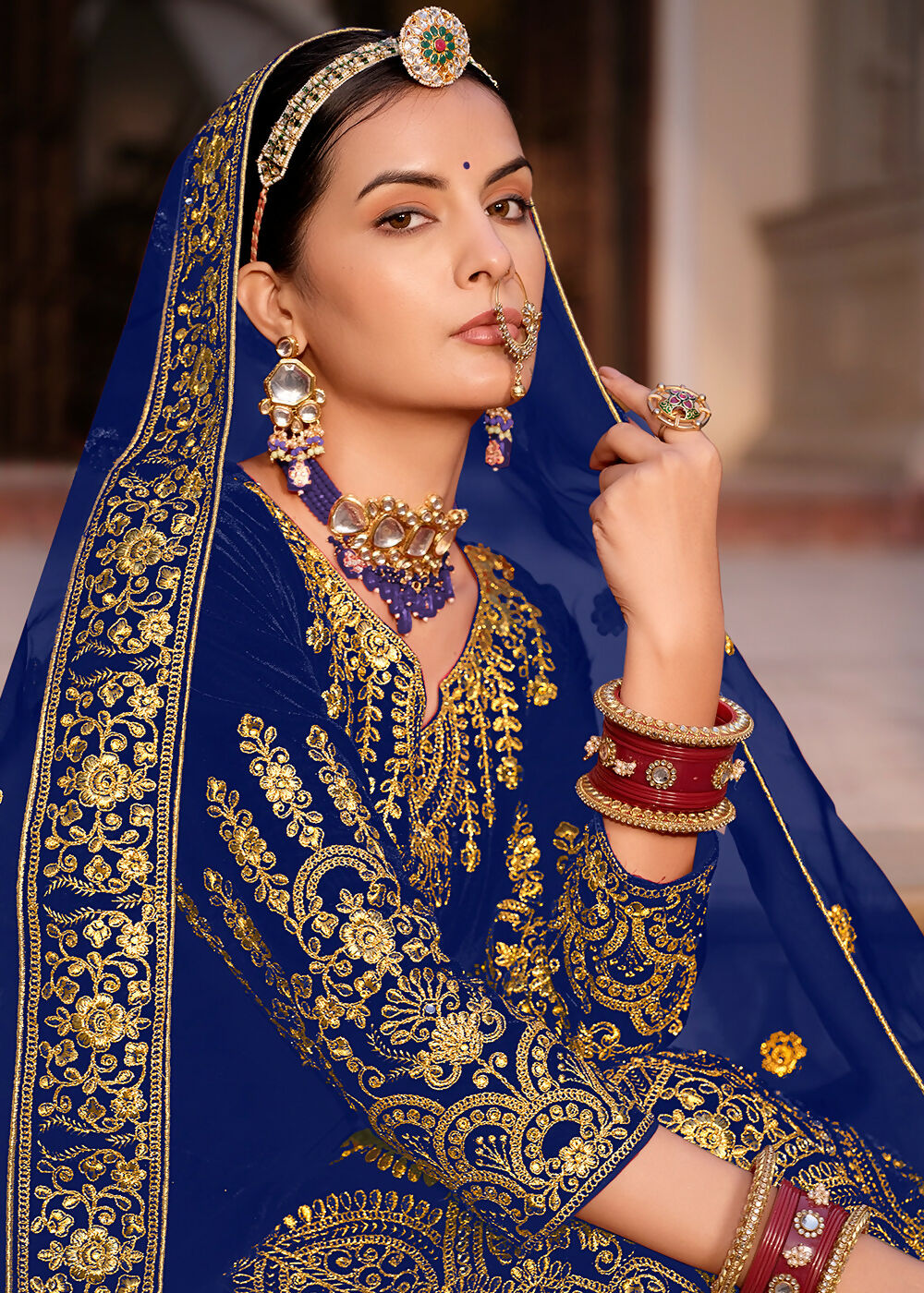 Blue Velvet Front & Back Embroidery Wedding Anarkali Suit - Emponline - Distacart