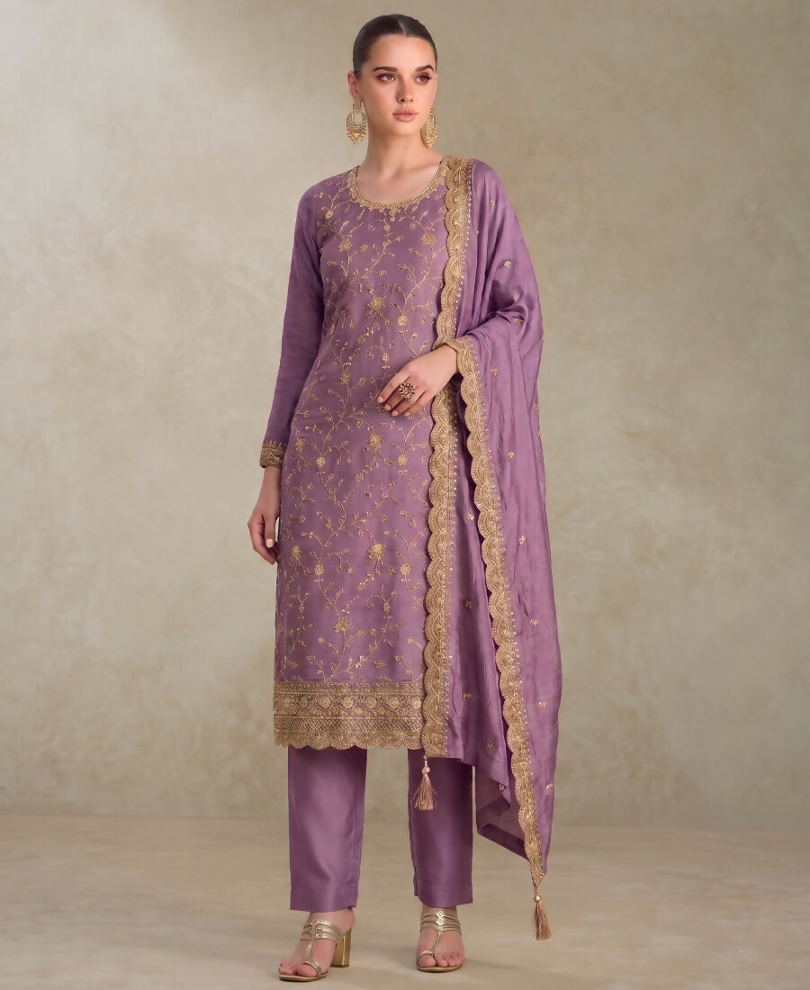 KC Lilac Silk Straight Suit For Women Heavy Embroidery Work - Dista