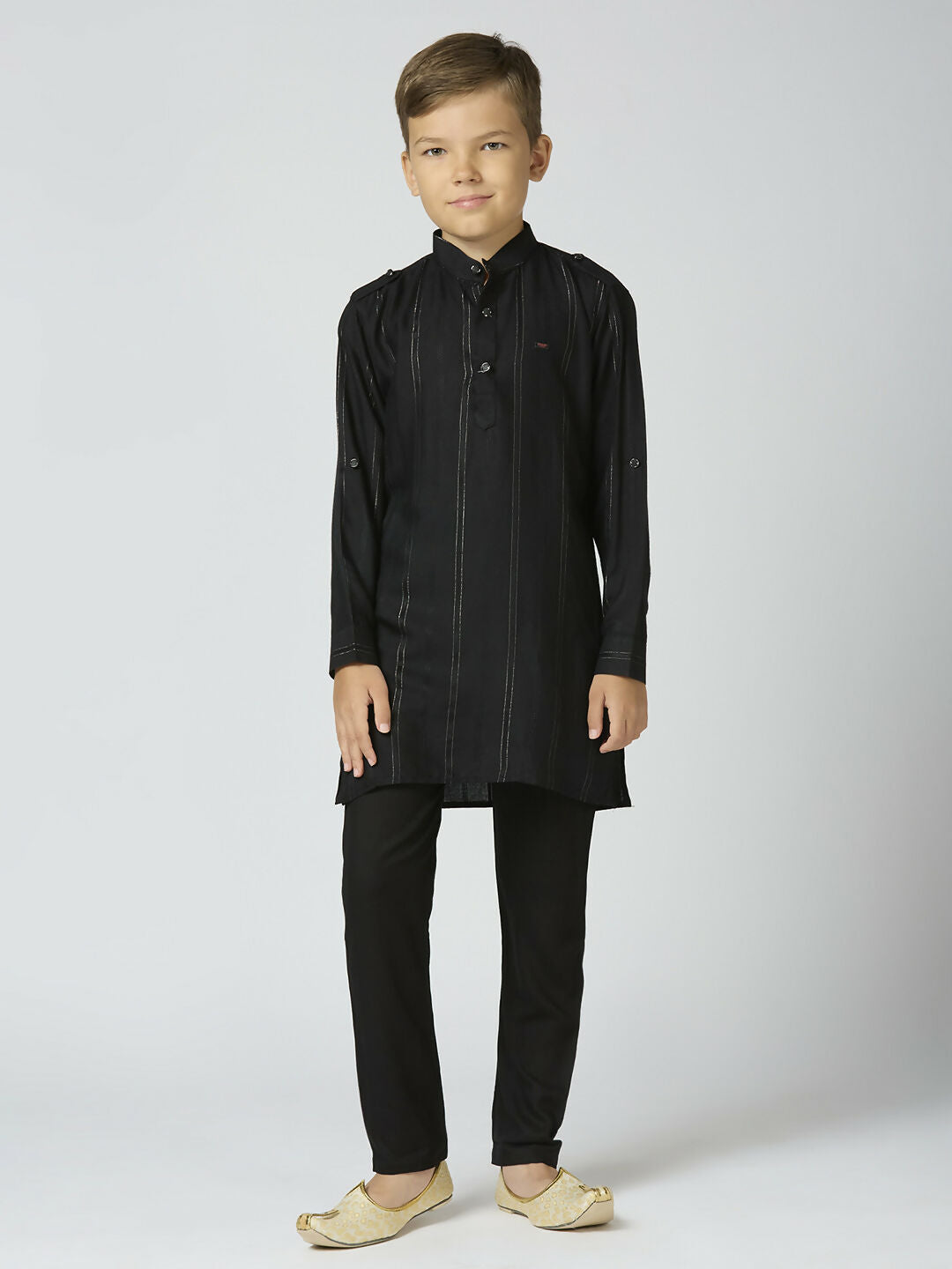 Joban Fashion Kids Island Full Sleeves Cotton Kurta and Pyjama Set with Strip - Black - Distacart