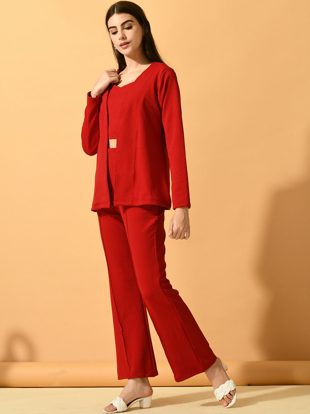 Myshka Women's Red Solid Coat With Trousers - Distacart